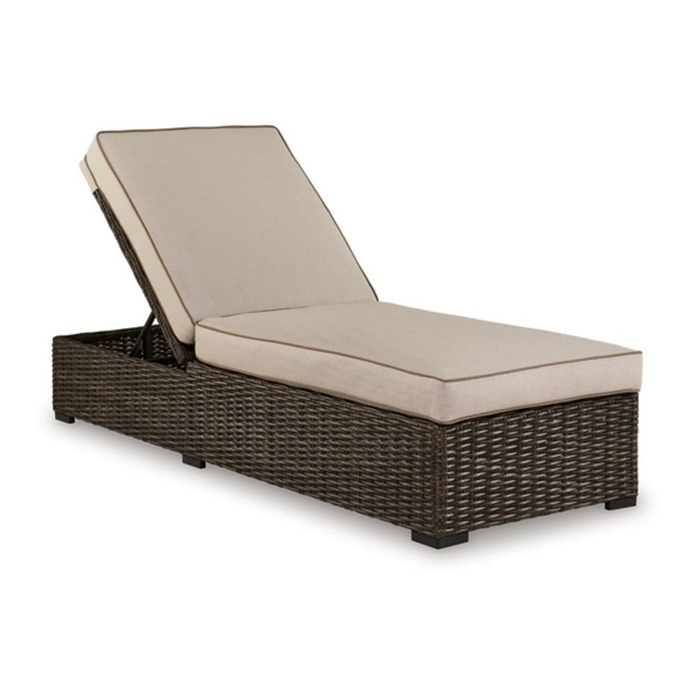 Waga 77 Inch Outdoor Chaise Lounger, Cushioned, Brown Resin Wicker, Beige By Casagear Home