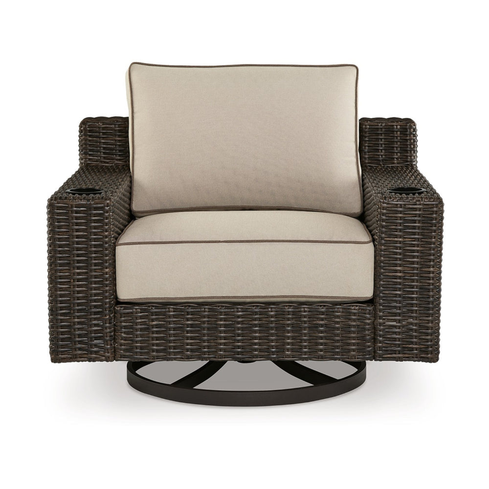 Waga 43 Inch Outdoor Swivel Lounge Chair Cupholder Brown Wicker Beige By Casagear Home BM315928