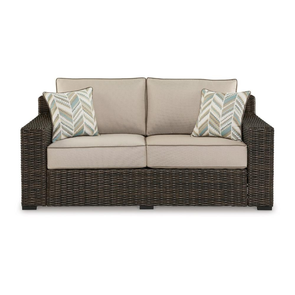 Ashley Waga 71’’ Outdoor Loveseat 2 Throw Pillows Brown Beige BM315929