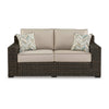 Ashley Waga 71" Outdoor Loveseat, 2 Throw Pillows, Brown, Beige