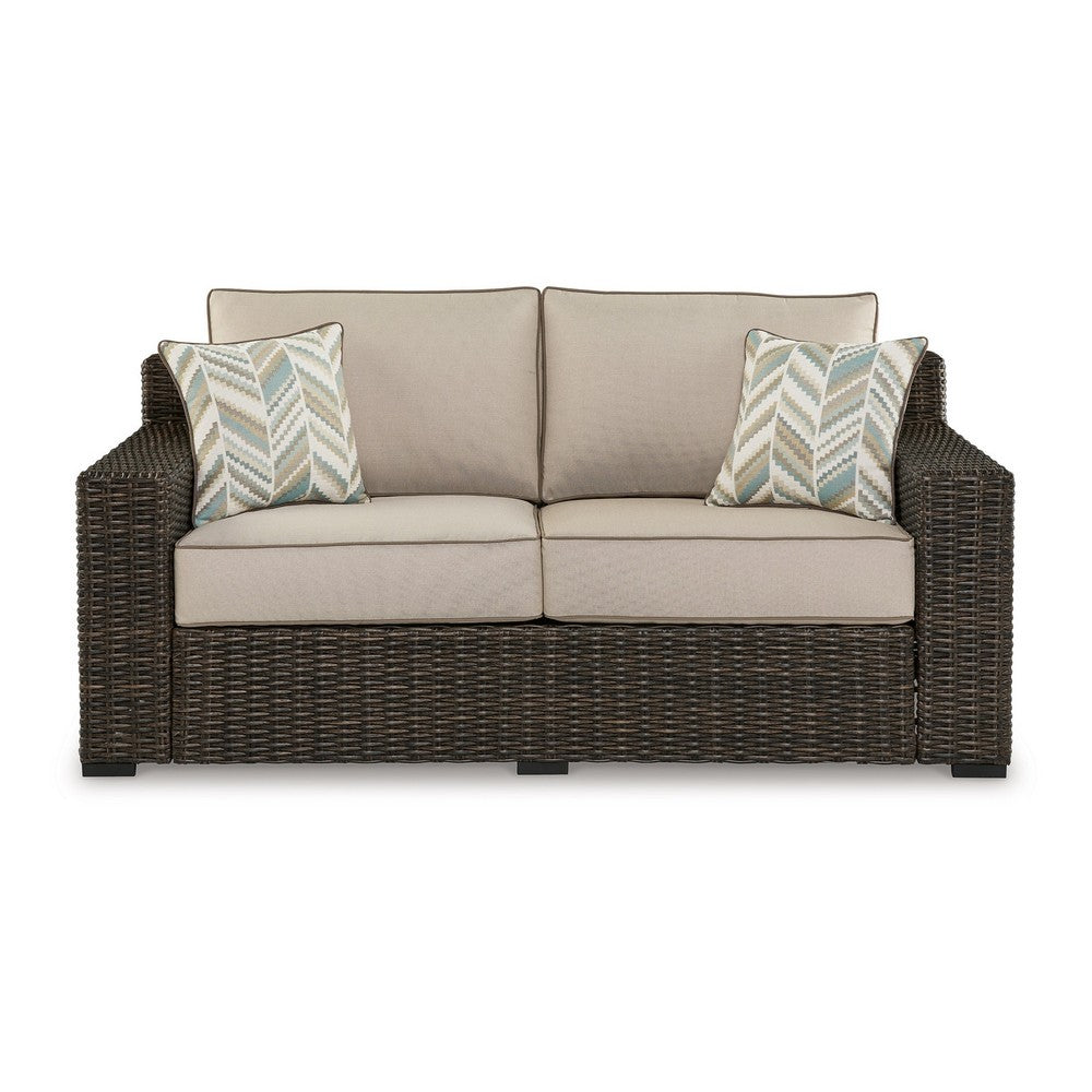 Ashley Waga 71" Outdoor Loveseat, 2 Throw Pillows, Brown, Beige
