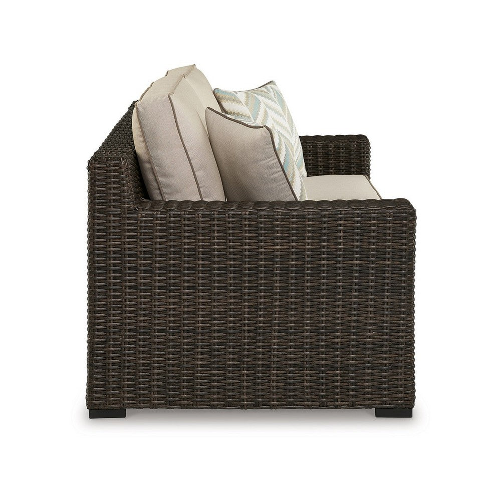 Ashley Waga 71" Outdoor Loveseat, 2 Throw Pillows, Brown, Beige