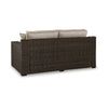 Ashley Waga 71" Outdoor Loveseat, 2 Throw Pillows, Brown, Beige
