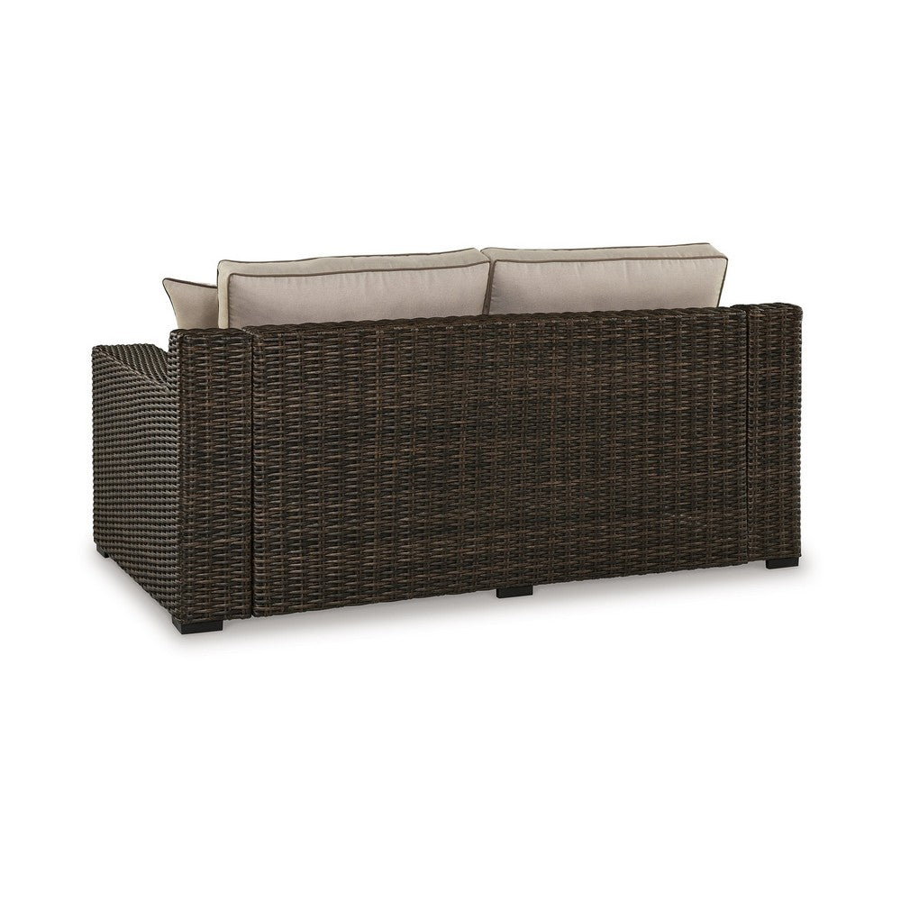 Ashley Waga 71" Outdoor Loveseat, 2 Throw Pillows, Brown, Beige