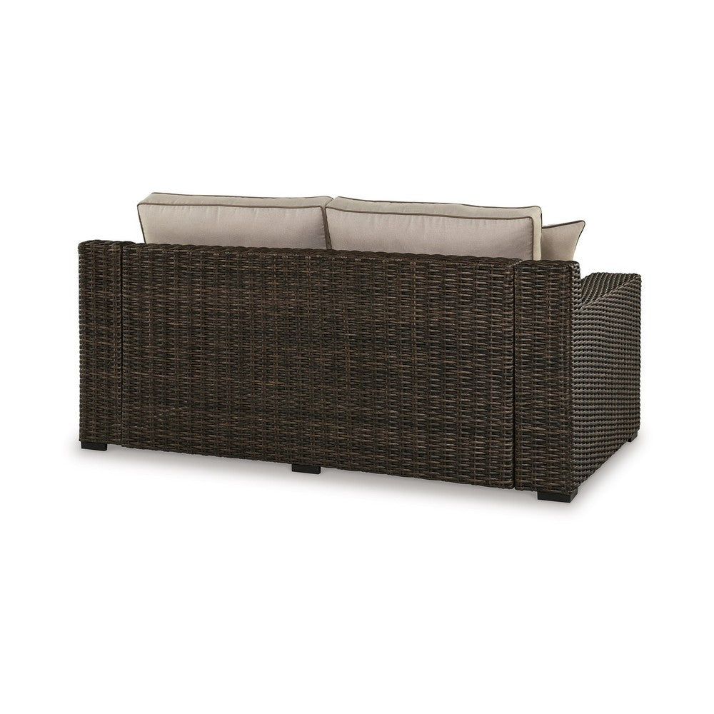 Ashley Waga 71" Outdoor Loveseat, 2 Throw Pillows, Brown, Beige
