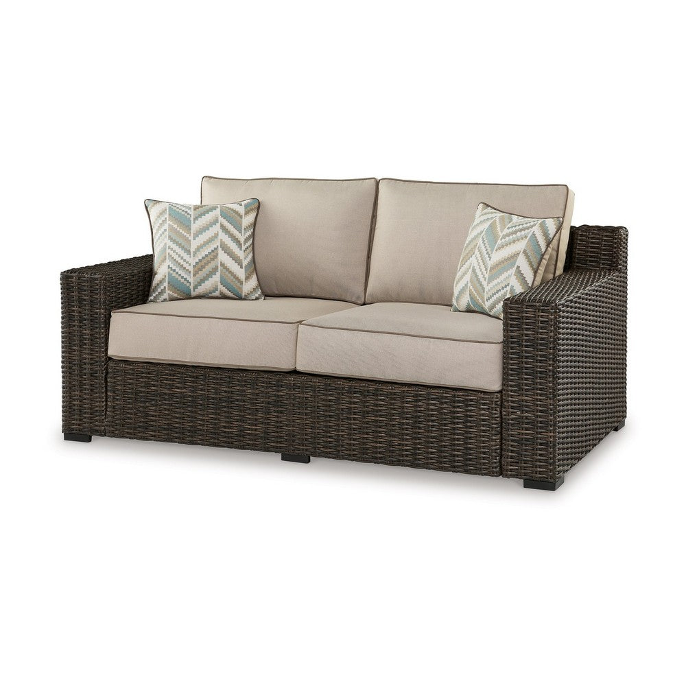 Ashley Waga 71" Outdoor Loveseat, 2 Throw Pillows, Brown, Beige