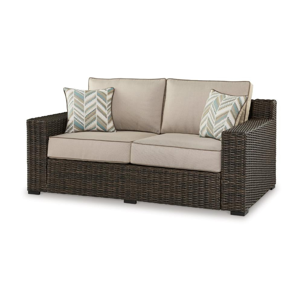 Ashley Waga 71’’ Outdoor Loveseat 2 Throw Pillows Brown Beige BM315929