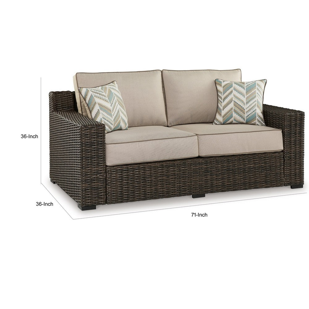 Ashley Waga 71" Outdoor Loveseat, 2 Throw Pillows, Brown, Beige