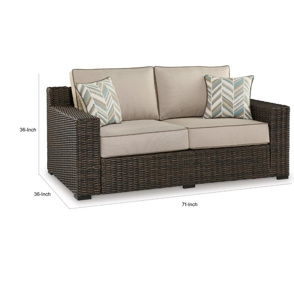 Ashley Waga 71’’ Outdoor Loveseat 2 Throw Pillows Brown Beige BM315929