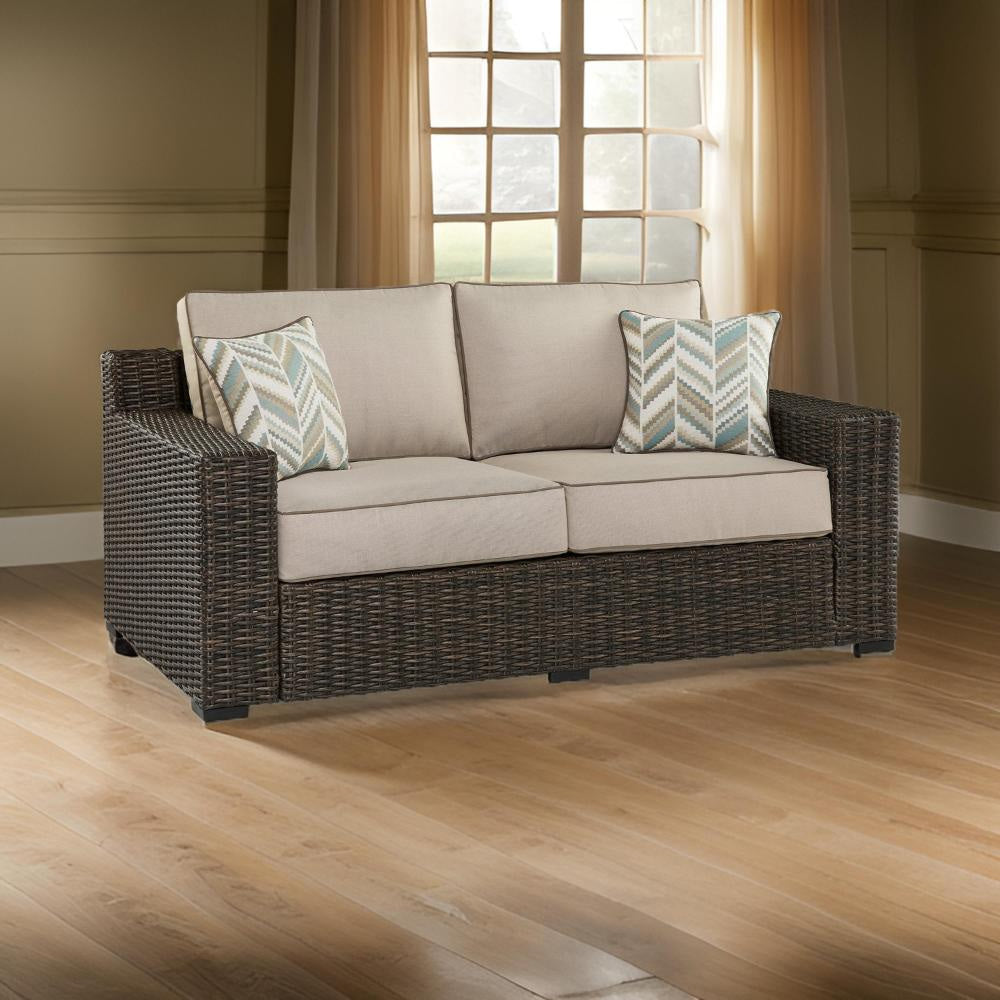 Ashley Waga 71" Outdoor Loveseat, 2 Throw Pillows, Brown, Beige