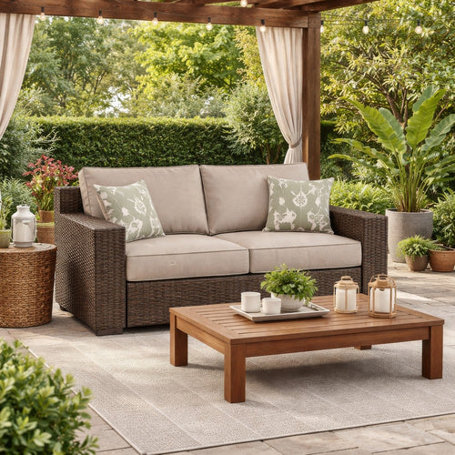 Ashley Waga 71" Outdoor Loveseat, 2 Throw Pillows, Brown, Beige