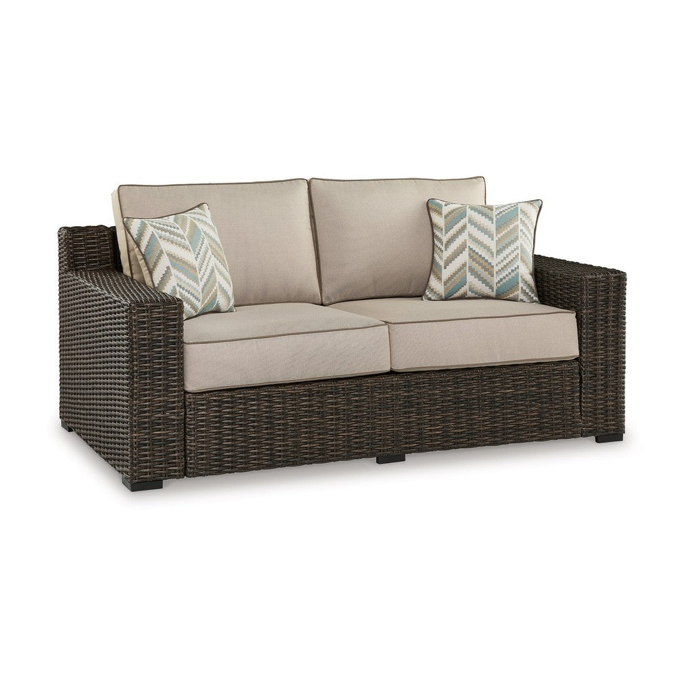 Ashley Waga 71" Outdoor Loveseat, 2 Throw Pillows, Brown, Beige