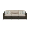 Ashley Waga 97" Outdoor Sofa, 4 Throw Pillows, Brown Wicker, Beige