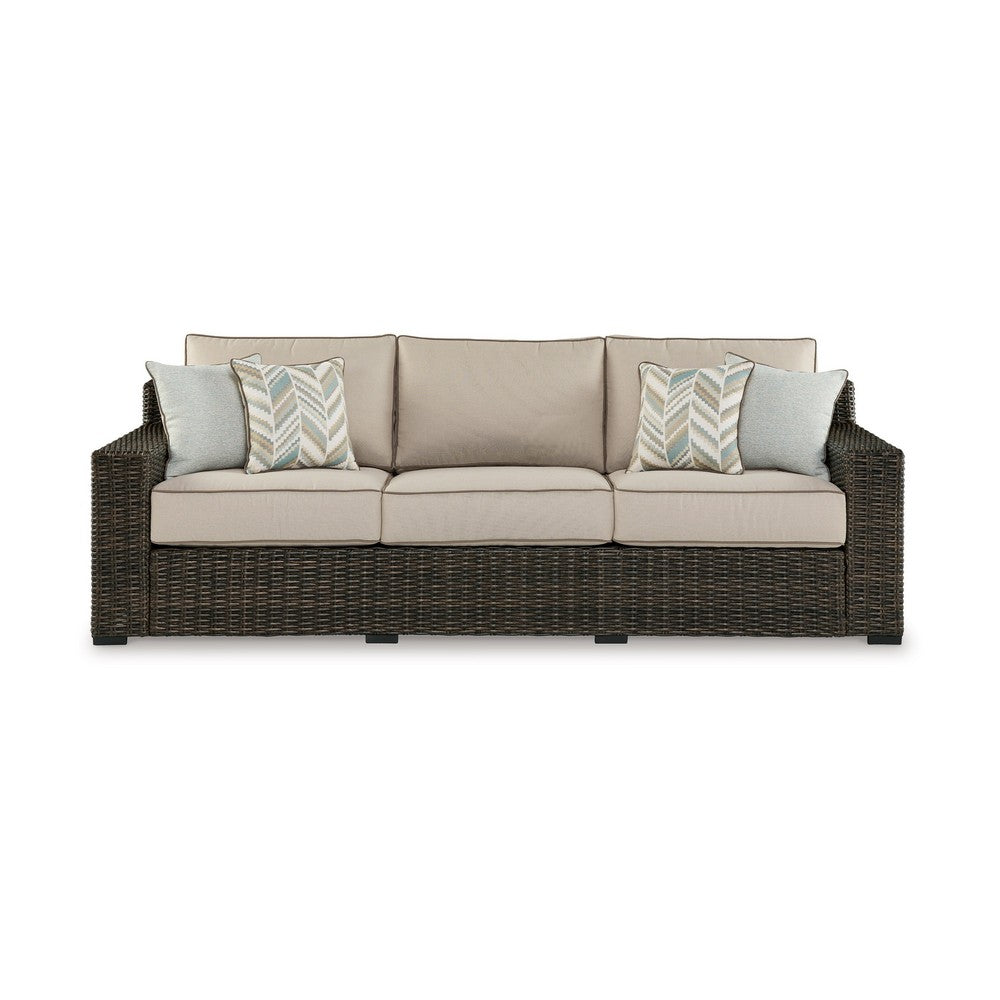 Ashley Waga 97" Outdoor Sofa, 4 Throw Pillows, Brown Wicker, Beige