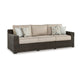 Ashley Waga 97" Outdoor Sofa, 4 Throw Pillows, Brown Wicker, Beige