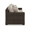 Ashley Waga 97" Outdoor Sofa, 4 Throw Pillows, Brown Wicker, Beige