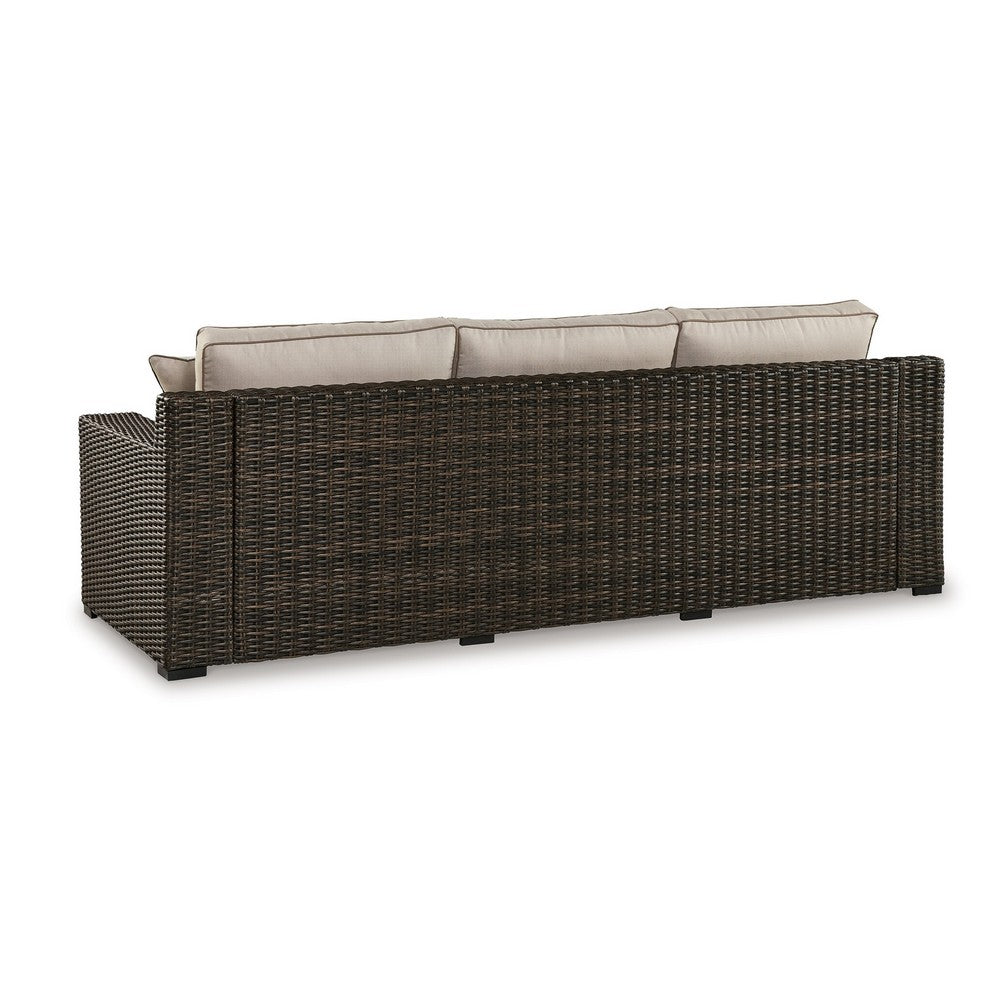 Ashley Waga 97" Outdoor Sofa, 4 Throw Pillows, Brown Wicker, Beige
