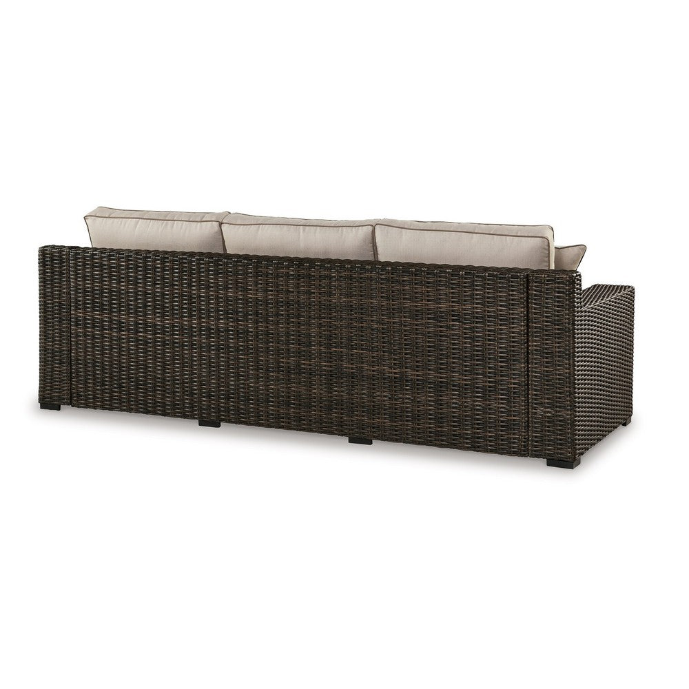 Ashley Waga 97" Outdoor Sofa, 4 Throw Pillows, Brown Wicker, Beige