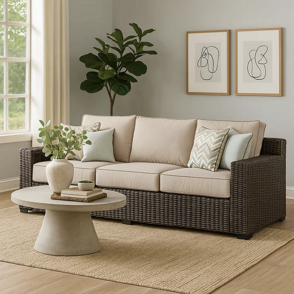 Ashley Waga 97" Outdoor Sofa, 4 Throw Pillows, Brown Wicker, Beige