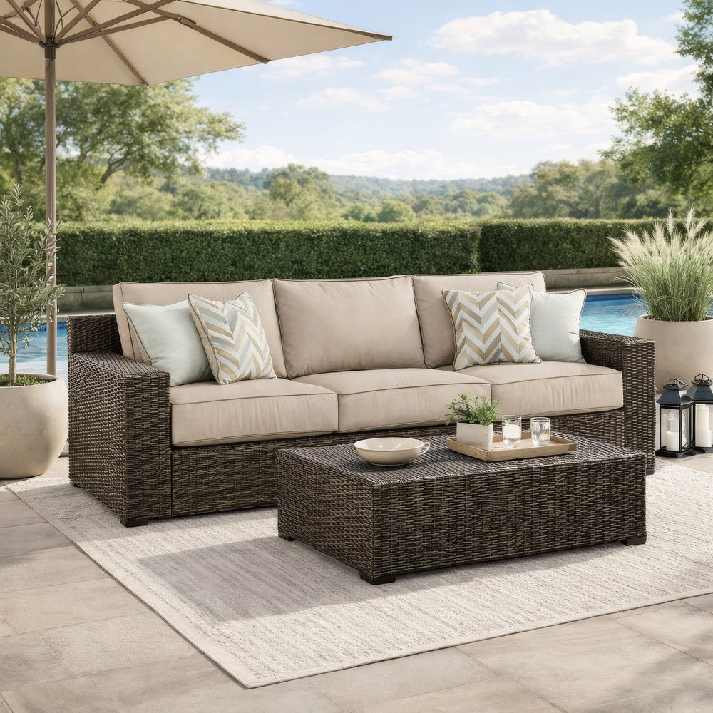Ashley Waga 97" Outdoor Sofa, 4 Throw Pillows, Brown Wicker, Beige