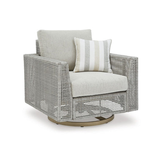 Yami 36 Inch Outdoor Swivel Lounge Chair, 1 Throw Pillow, Gray Wicker By Casagear Home