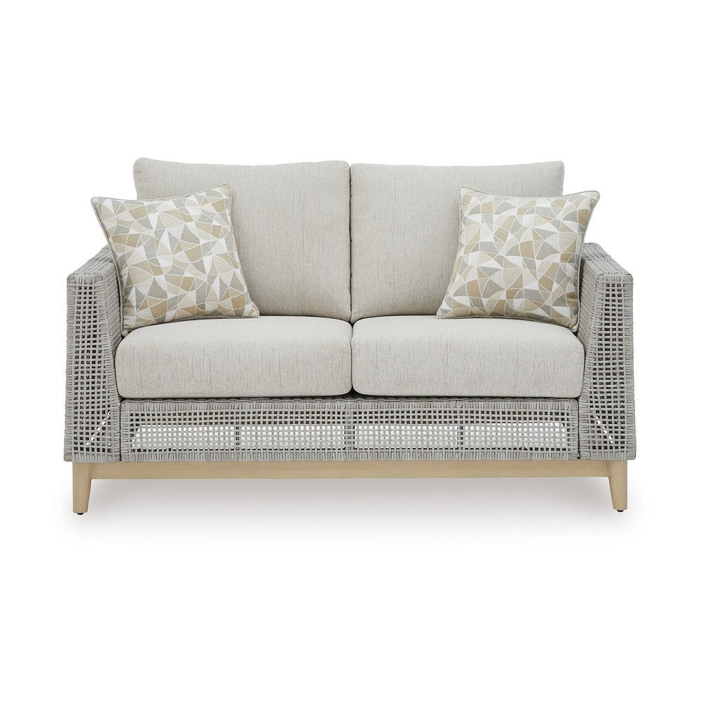 Ashley Yami 59’’ Outdoor Loveseat 2 Throw Pillows Gray Wicker BM315932