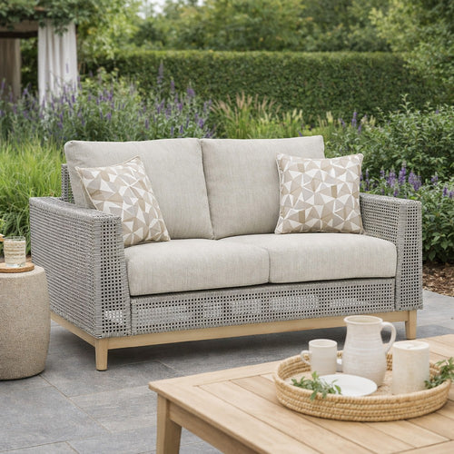 Ashley Yami 59" Outdoor Loveseat, 2 Throw Pillows, Gray Wicker