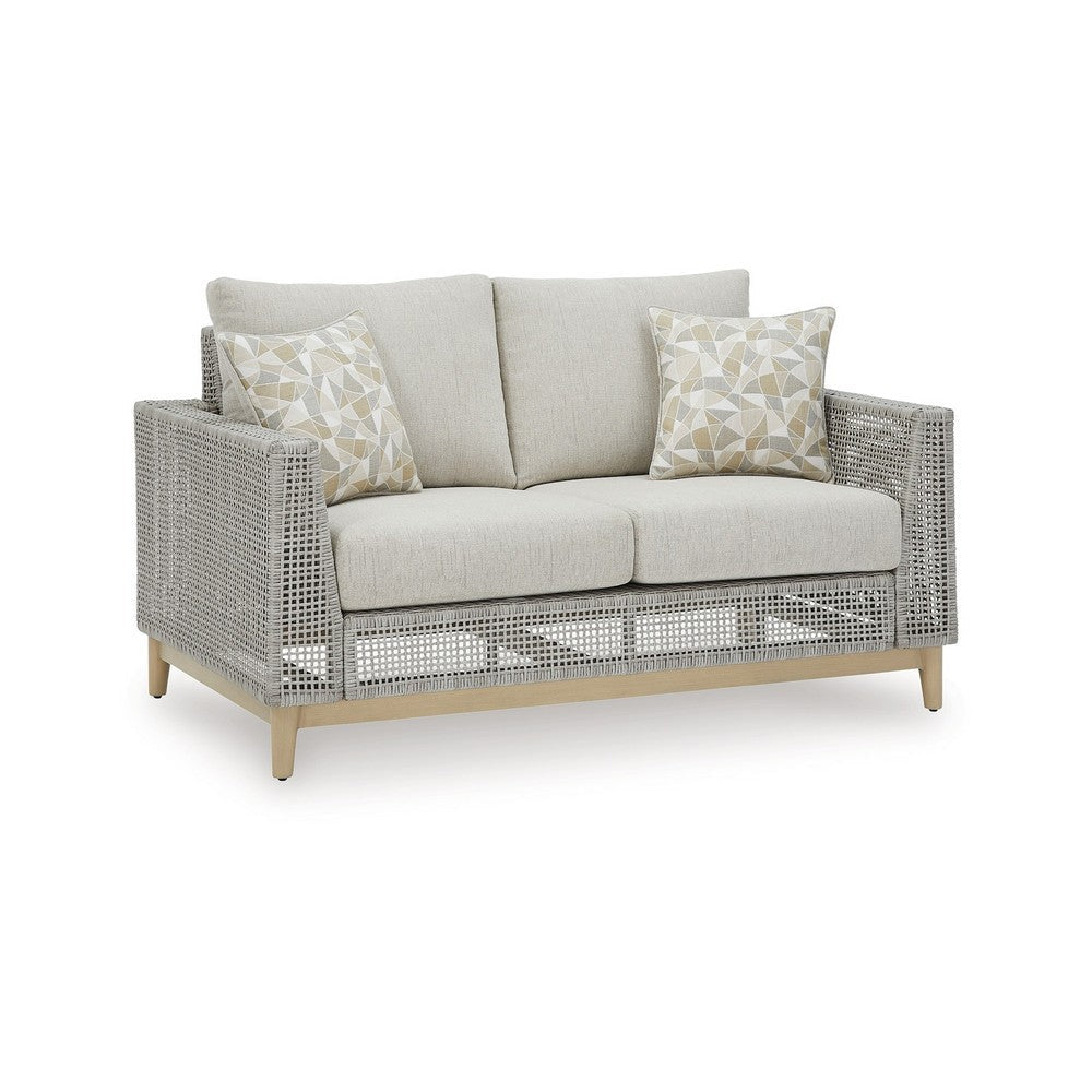Ashley Yami 59" Outdoor Loveseat, 2 Throw Pillows, Gray Wicker