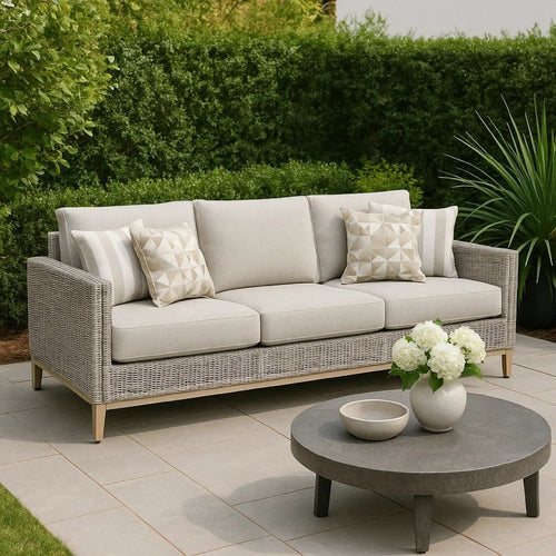 Ashley Yami 83" Outdoor Sofa, 4 Throw Pillows, Gray Resin Wicker