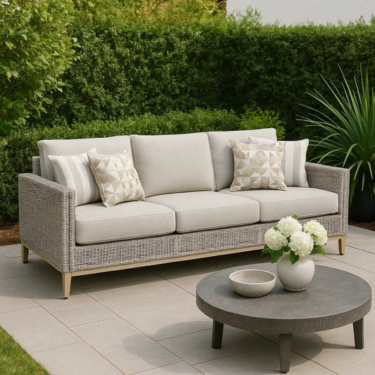 Ashley Yami 83" Outdoor Sofa, 4 Throw Pillows, Gray Resin Wicker