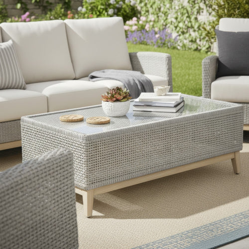 Ashley Yami 50 Inch Outdoor Coffee Table, Tempered Glass Top, Gray