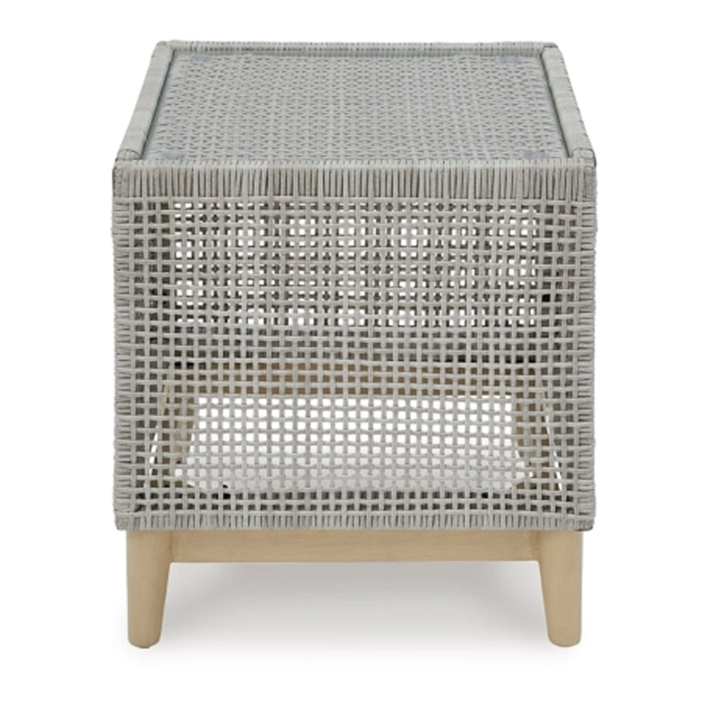 Yami 23 Inch Outdoor Side End Table, Resin Wicker, Tempered Glass Top, Gray By Casagear Home
