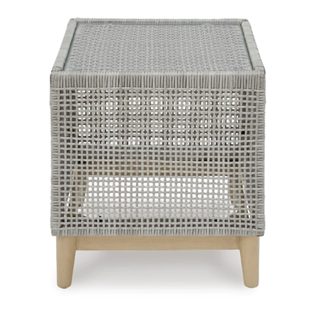 Yami 23 Inch Outdoor Side End Table Resin Wicker Tempered Glass Top Gray By Casagear Home BM315935