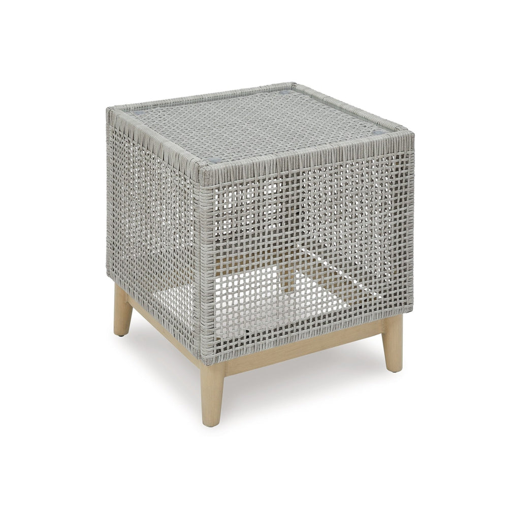 Yami 23 Inch Outdoor Side End Table Resin Wicker Tempered Glass Top Gray By Casagear Home BM315935