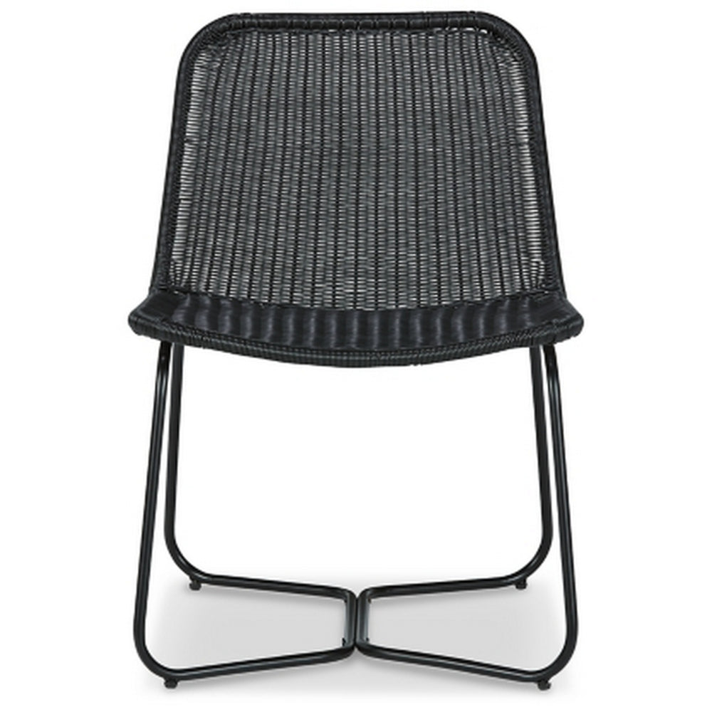 26 Inch Accent Chair, Indoor Outdoor Resin Wicker Design, Black Metal Frame By Casagear Home