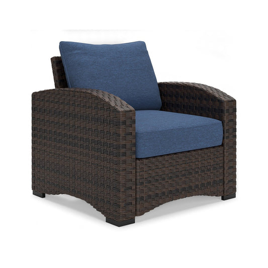 Zivi 32 Inch Outdoor Lounge Chair Cushioned Resin Wicker Blue Brown By Casagear Home BM315941