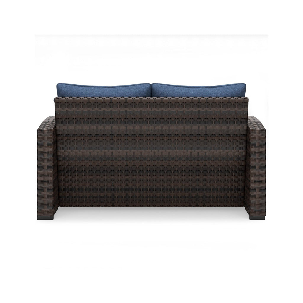 Zivi 57 Inch Outdoor Loveseat Cushioned Seat Resin Wicker Blue Brown By Casagear Home BM315942