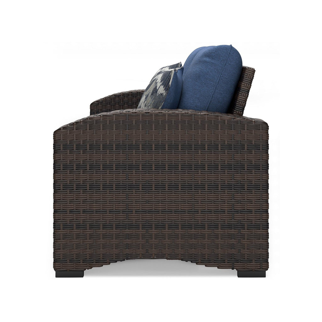 Zivi 57 Inch Outdoor Loveseat Cushioned Seat Resin Wicker Blue Brown By Casagear Home BM315942