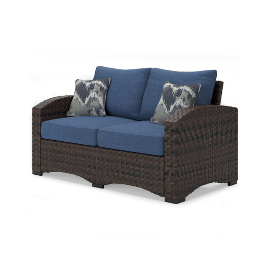 Zivi 57 Inch Outdoor Loveseat Cushioned Seat Resin Wicker Blue Brown By Casagear Home BM315942