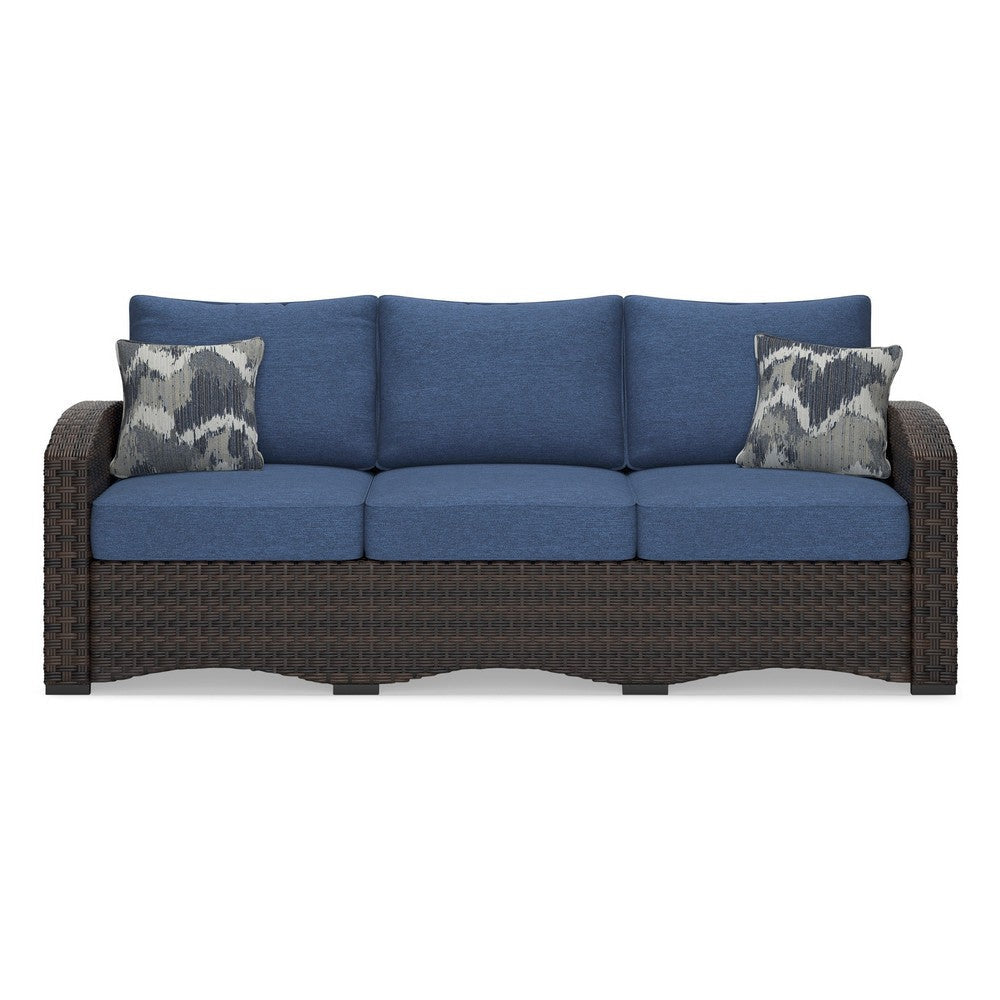 Zivi 80 Inch Outdoor Sofa Cushioned Seating Resin Wicker Blue Brown By Casagear Home BM315943