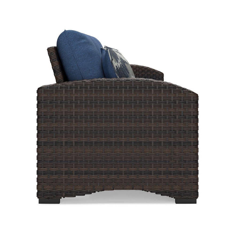 Zivi 80 Inch Outdoor Sofa Cushioned Seating Resin Wicker Blue Brown By Casagear Home BM315943