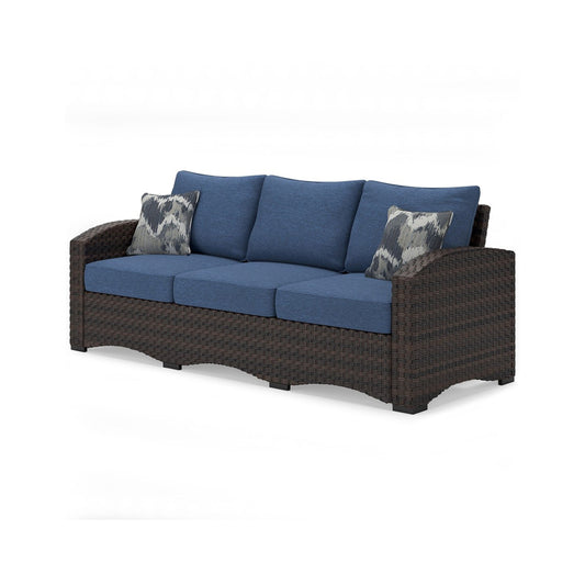 Zivi 80 Inch Outdoor Sofa Cushioned Seating Resin Wicker Blue Brown By Casagear Home BM315943