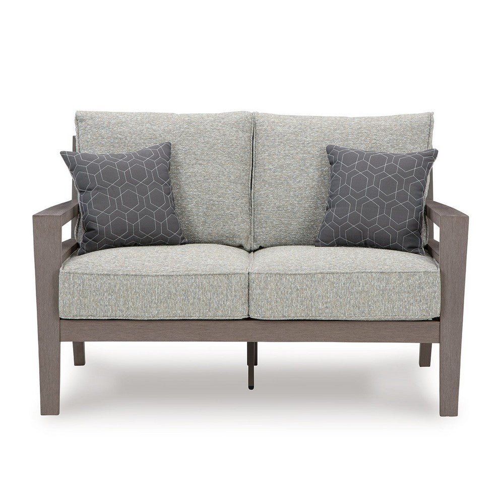Ashley Karo 55" Outdoor Loveseat, Cushioned Seat, Gray, Brown