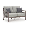 Ashley Karo 55" Outdoor Loveseat, Cushioned Seat, Gray, Brown