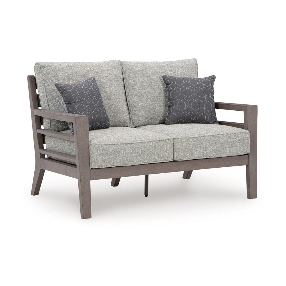 Ashley Karo 55" Outdoor Loveseat, Cushioned Seat, Gray, Brown