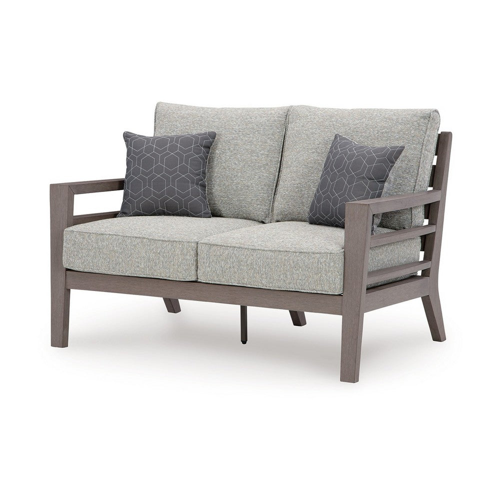 Ashley Karo 55" Outdoor Loveseat, Cushioned Seat, Gray, Brown