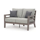 Ashley Karo 55" Outdoor Loveseat, Cushioned Seat, Gray, Brown