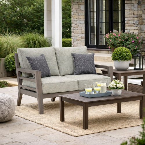 Ashley Karo 55" Outdoor Loveseat, Cushioned Seat, Gray, Brown