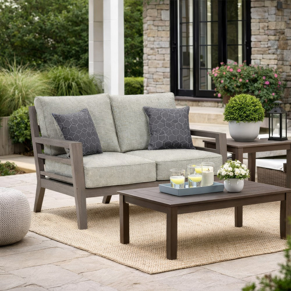 Ashley Karo 55" Outdoor Loveseat, Cushioned Seat, Gray, Brown