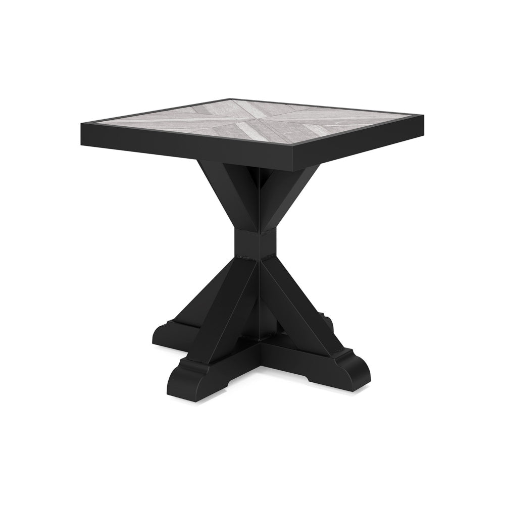 Tira 22 Inch Outdoor Side End Table, Tile Top, Black, Light Gray Finish By Casagear Home